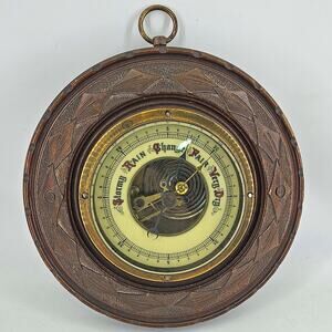 Vintage Aneroid wall barometer in carved wood brass glass Lufft Germany Read pls
